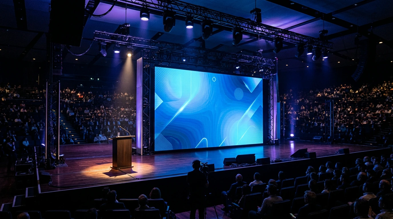 Conference stage with large LED screen showing keynote presentation and dramatic lighting