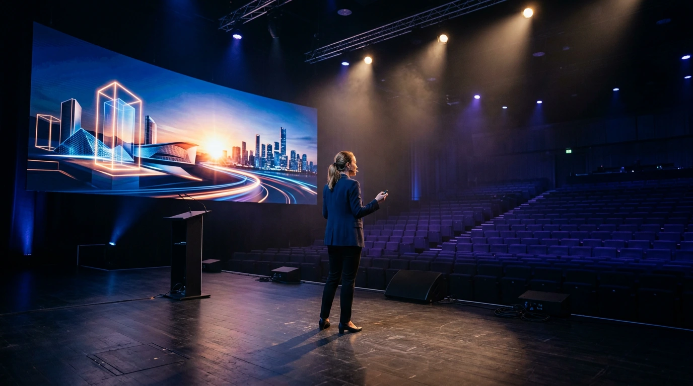 Keynote entwickeln – Redner probt eine Keynote auf einer großen Bühne