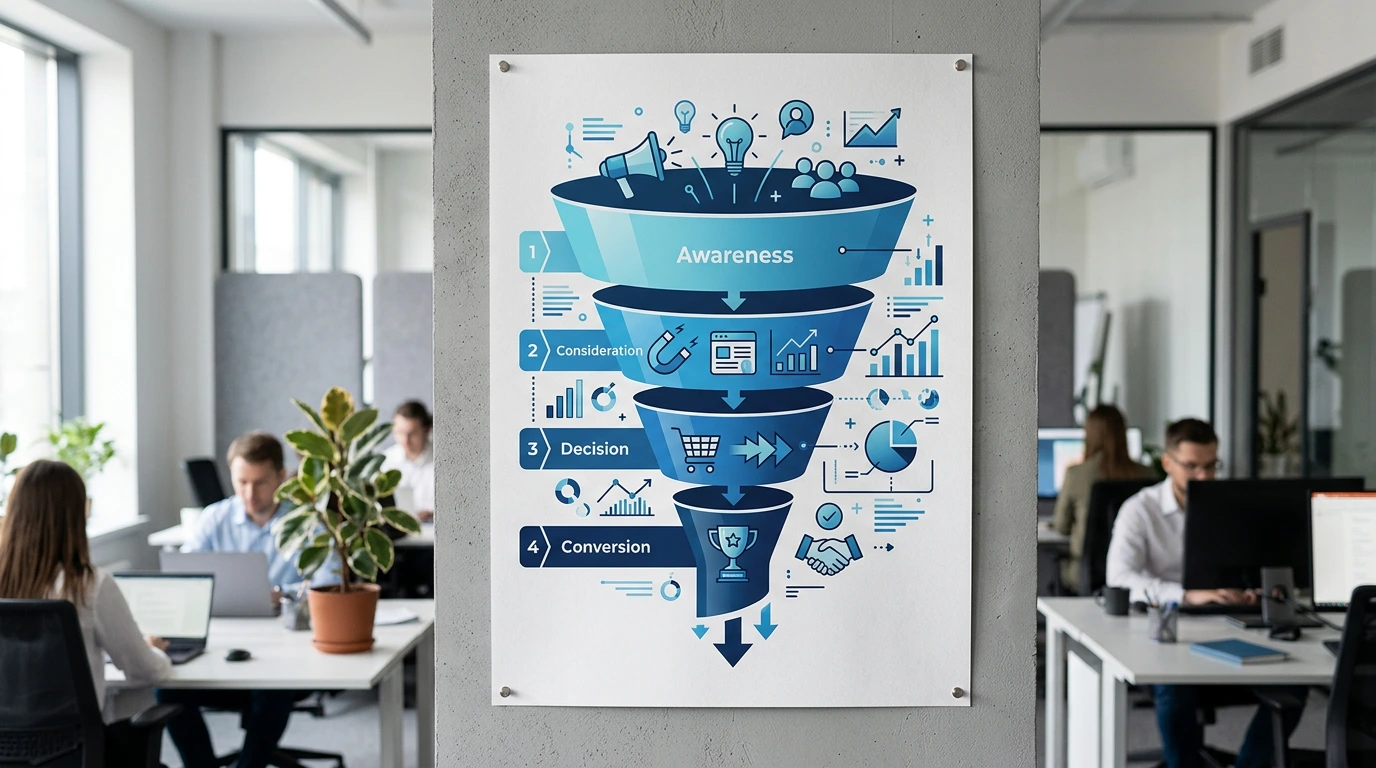 Sales-Funnel-Infografik als Poster an einer Bürowand