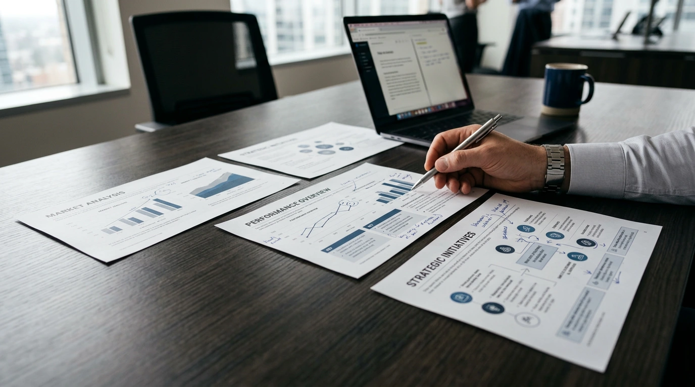 Professionelle Sales-Deck-Seiten werden mit Stift-Anmerkungen geprüft