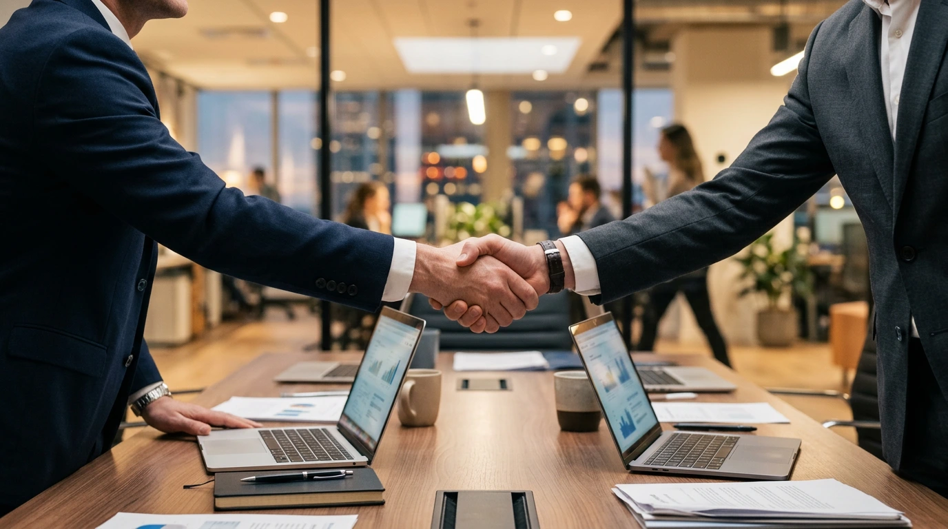 Business-Handschlag über Konferenztisch mit Präsentationsunterlagen