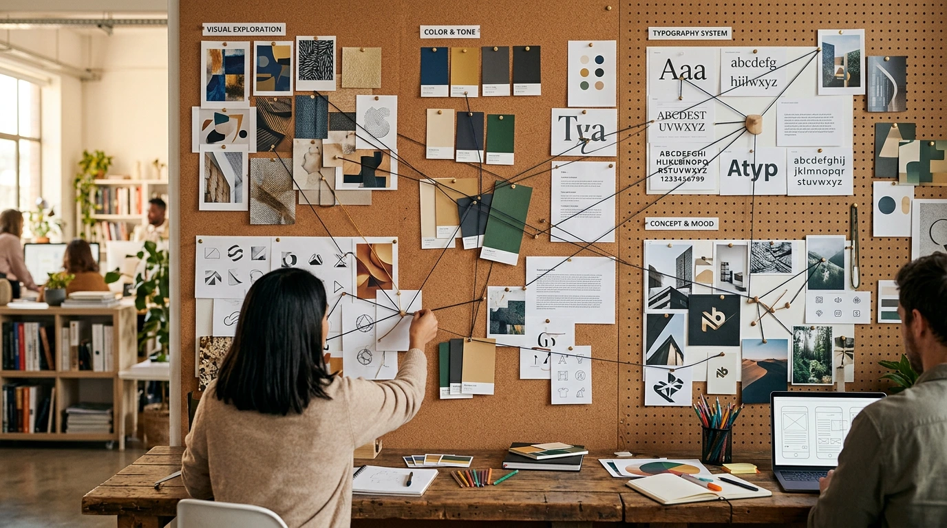 Brand-Identity-Moodboards an einer Wand mit Farbpaletten und visuellen Konzepten