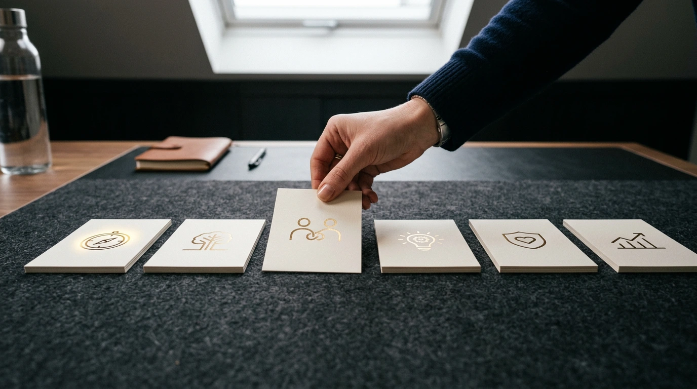 Markenstory-Karten werden in narrativer Reihenfolge auf dunkler Oberfläche angeordnet