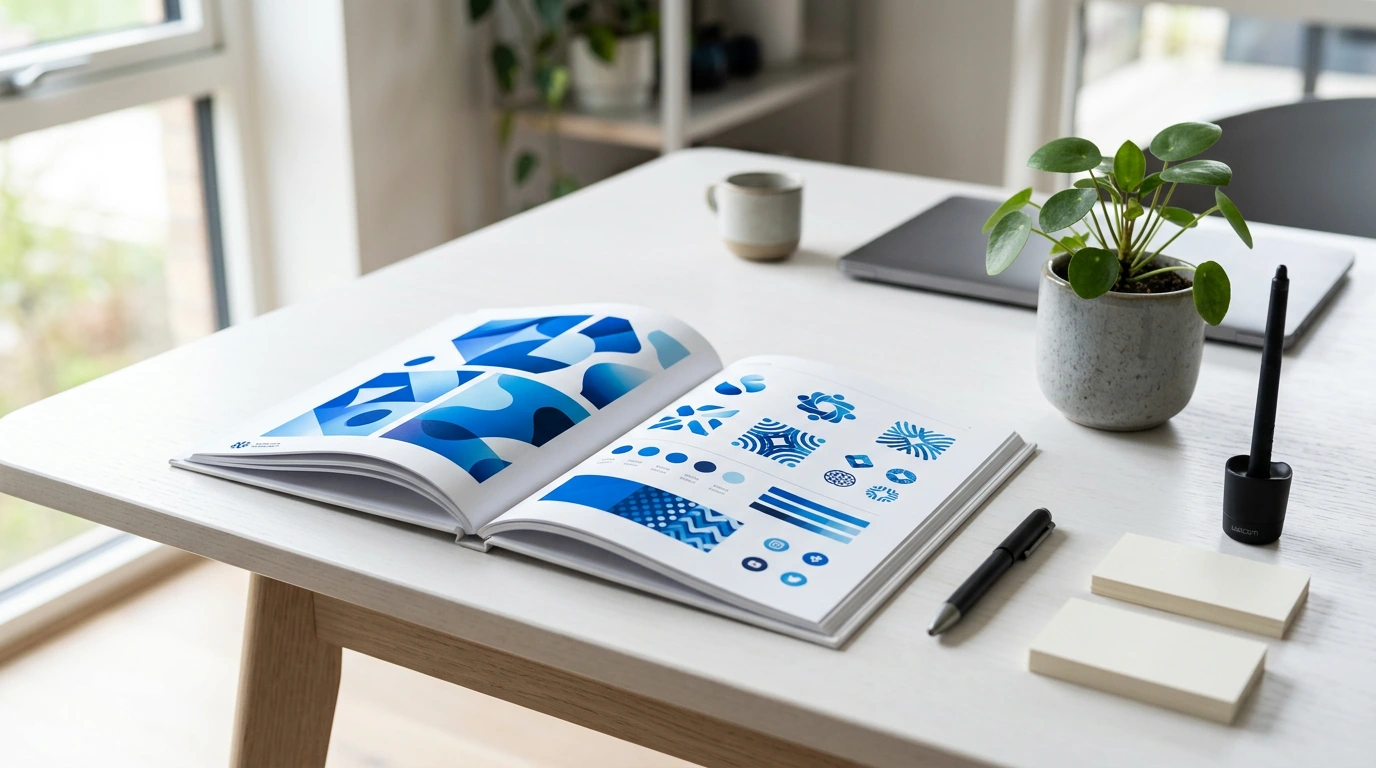 Offenes Markenbuch mit Brand-Identity-Elementen auf weißem Schreibtisch