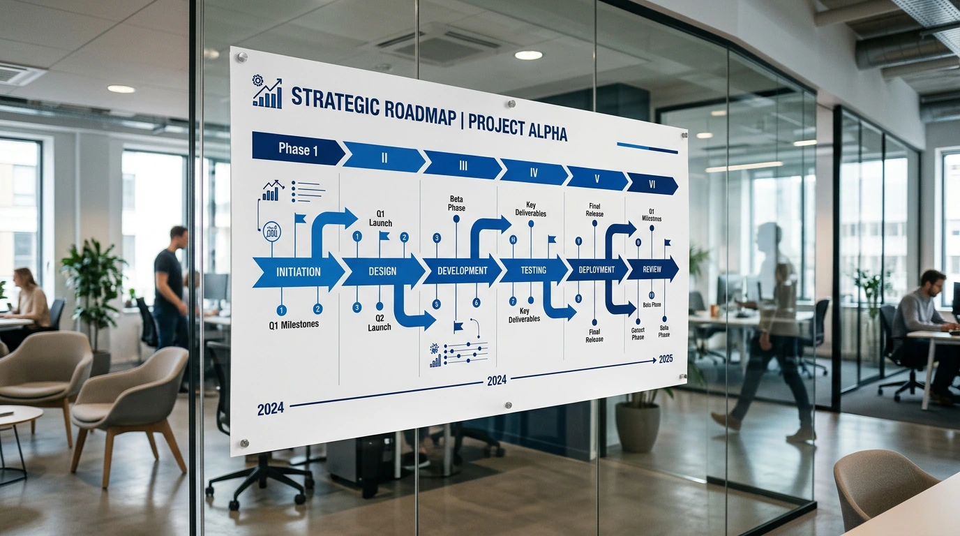 Change-Roadmap-Poster an einer Glaswand mit Phasen und Meilensteinen