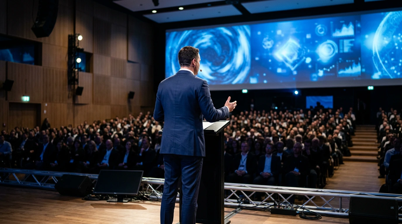 Führungskraft spricht bei einem Town-Hall-Meeting in einem Unternehmens-Auditorium