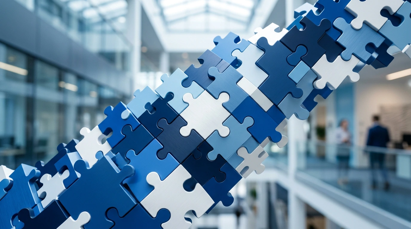Abstrakte Puzzleteile fügen sich zusammen als Symbol für organisatorischen Wandel