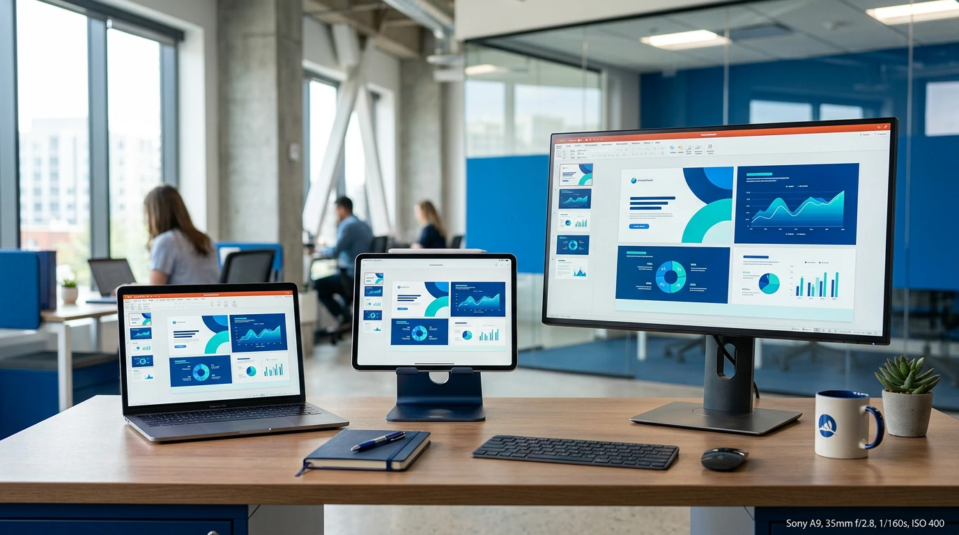 Mehrere Geräte zeigen markenkonforme Präsentationen im einheitlichen Corporate Design