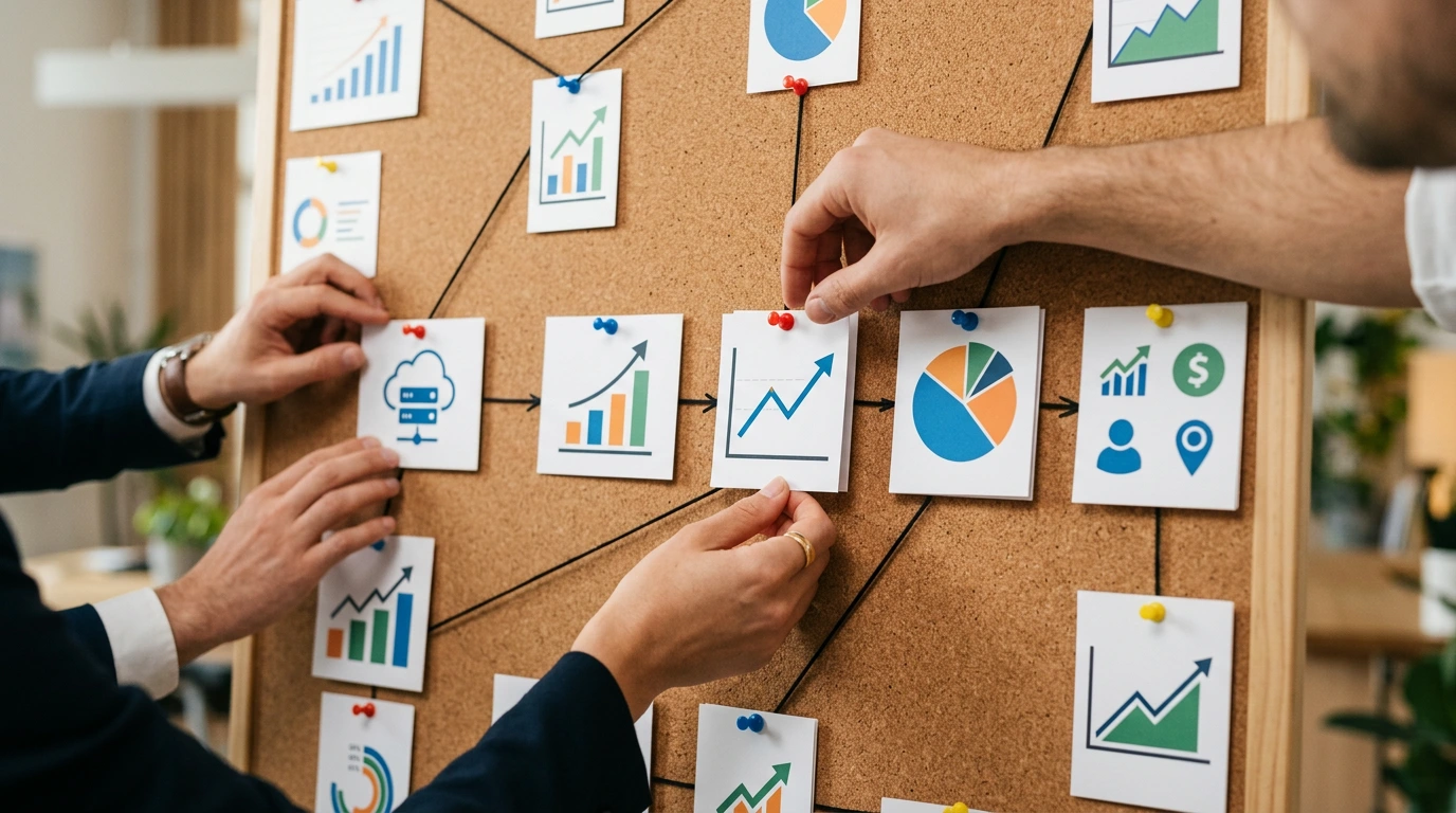 Hände ordnen Datenkarten mit Chart-Symbolen auf einem Korkboard an