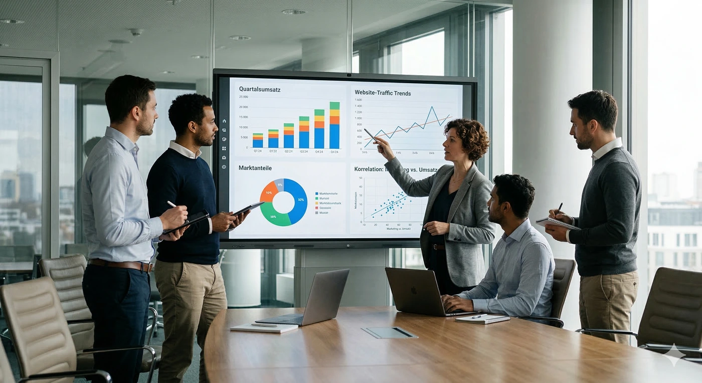 Monitor zeigt interaktives Daten-Dashboard mit Charts und Heatmaps