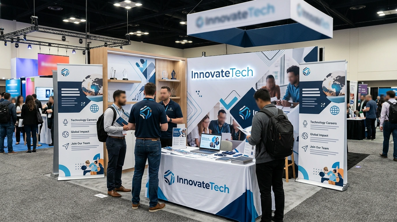 Karrieremesse-Stand mit gebrandeten Präsentationsmaterialien und Rollup-Bannern