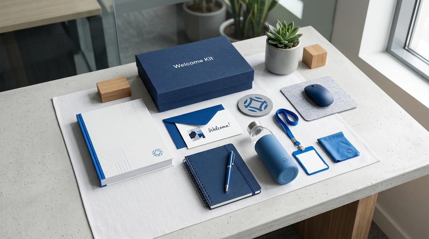 Onboarding-Welcome-Kit mit gebrandeten Materialien in Flat-Lay-Komposition