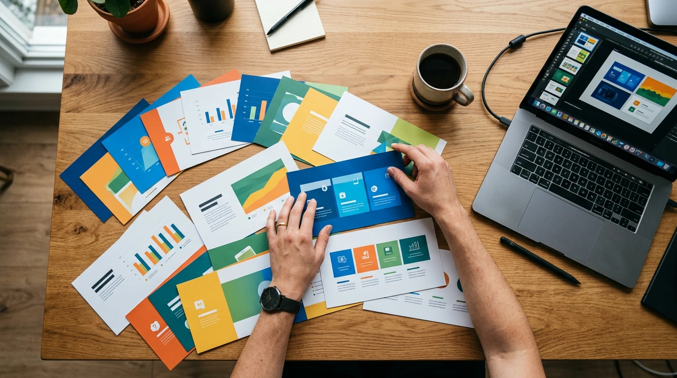 Designer arrangiert Präsentationsfolien auf einem Schreibtisch