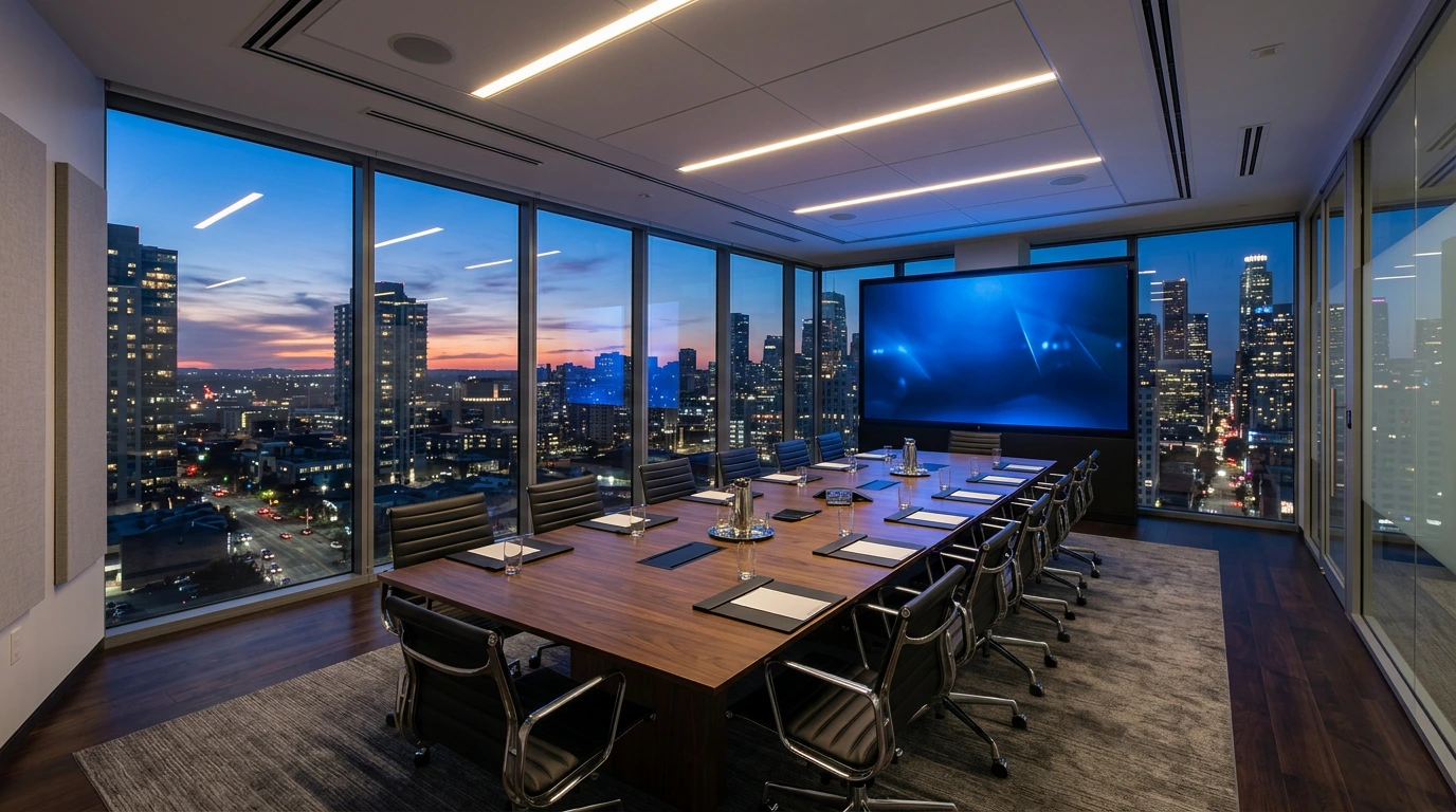 Moderner Konferenzraum mit Präsentationsscreen und Skyline-Blick