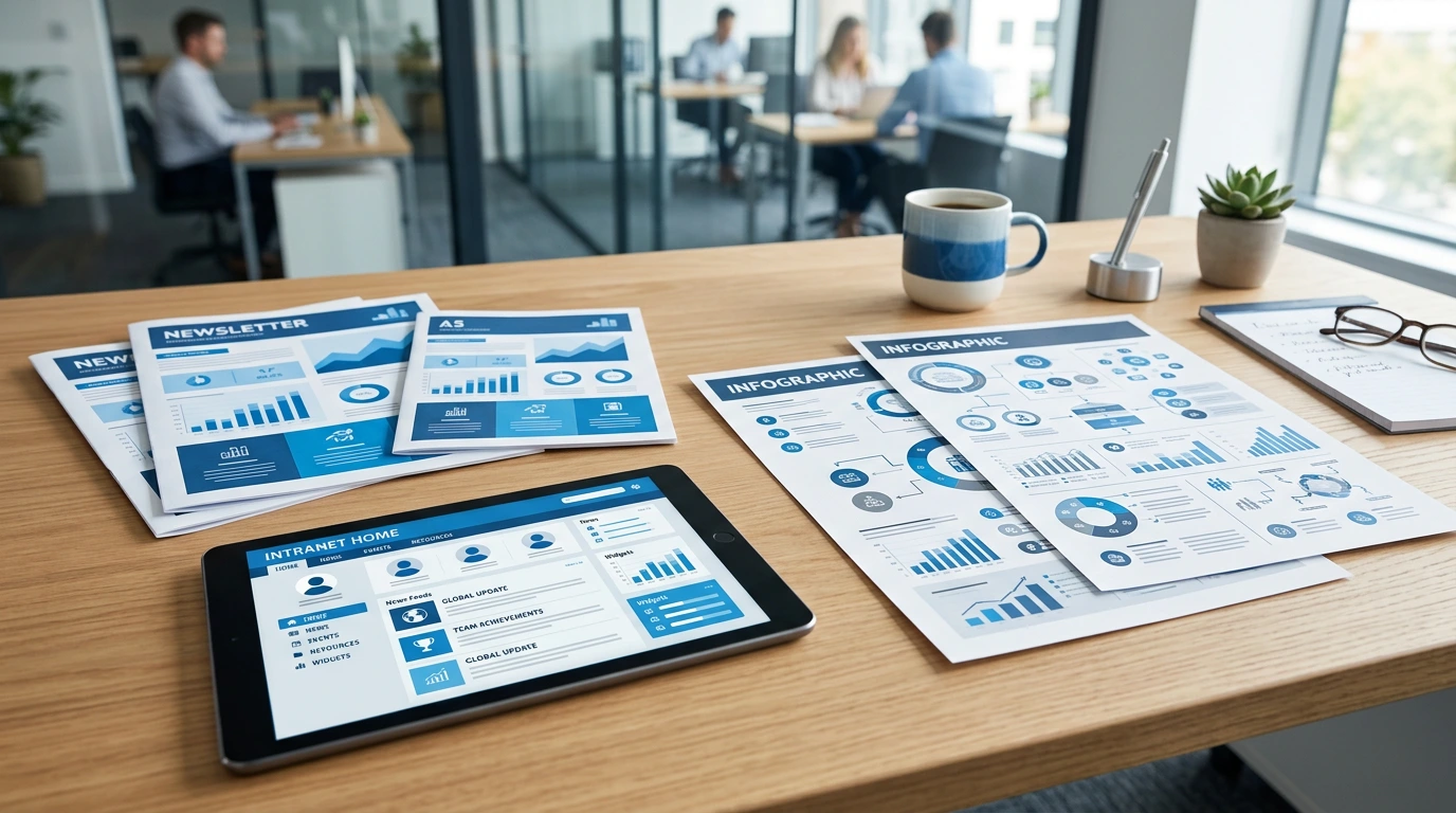 Interne Kommunikationsmaterialien mit Newslettern und Infografiken auf einem Schreibtisch