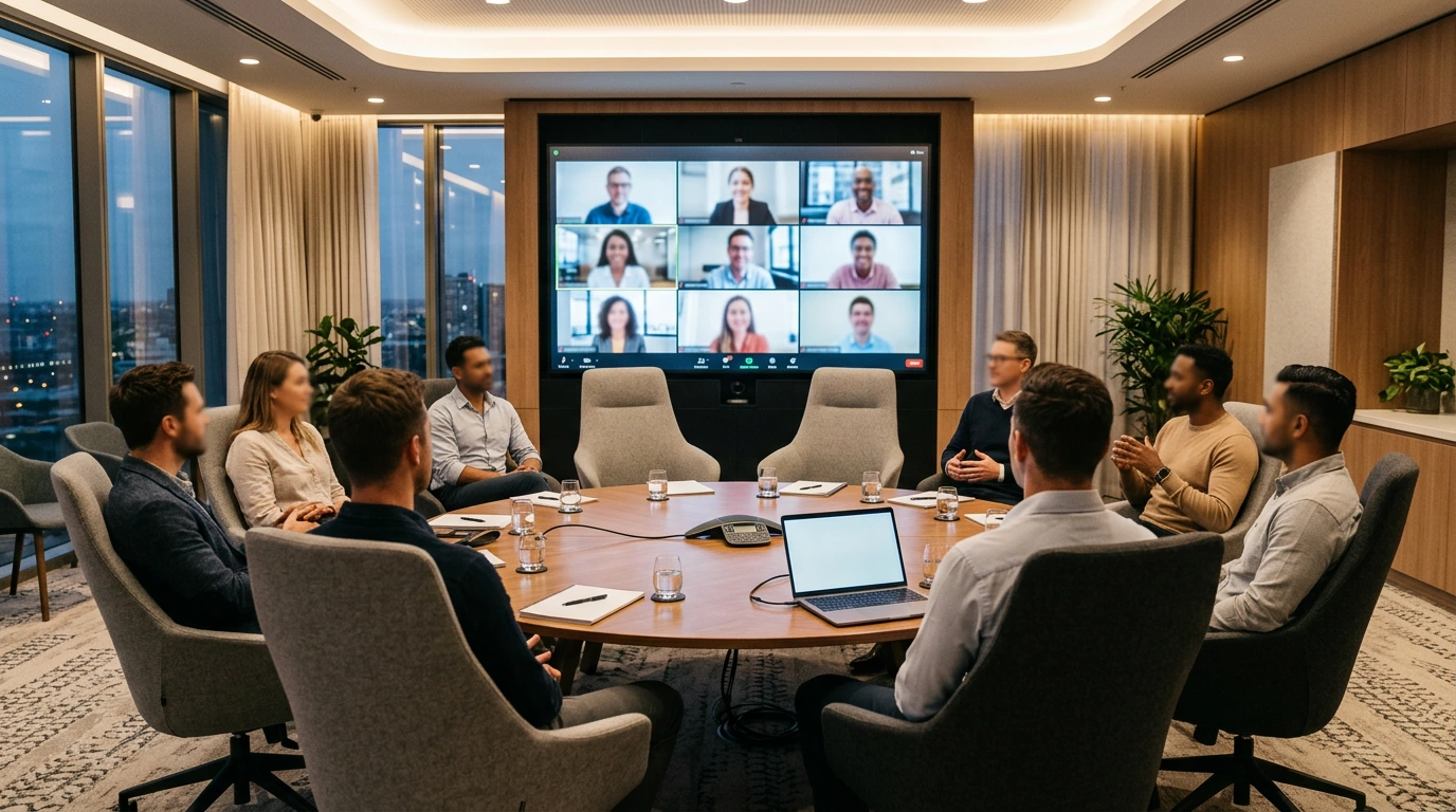 Hybrid-Meeting-Setup mit Videokonferenz-Screen und physischem Meetingraum