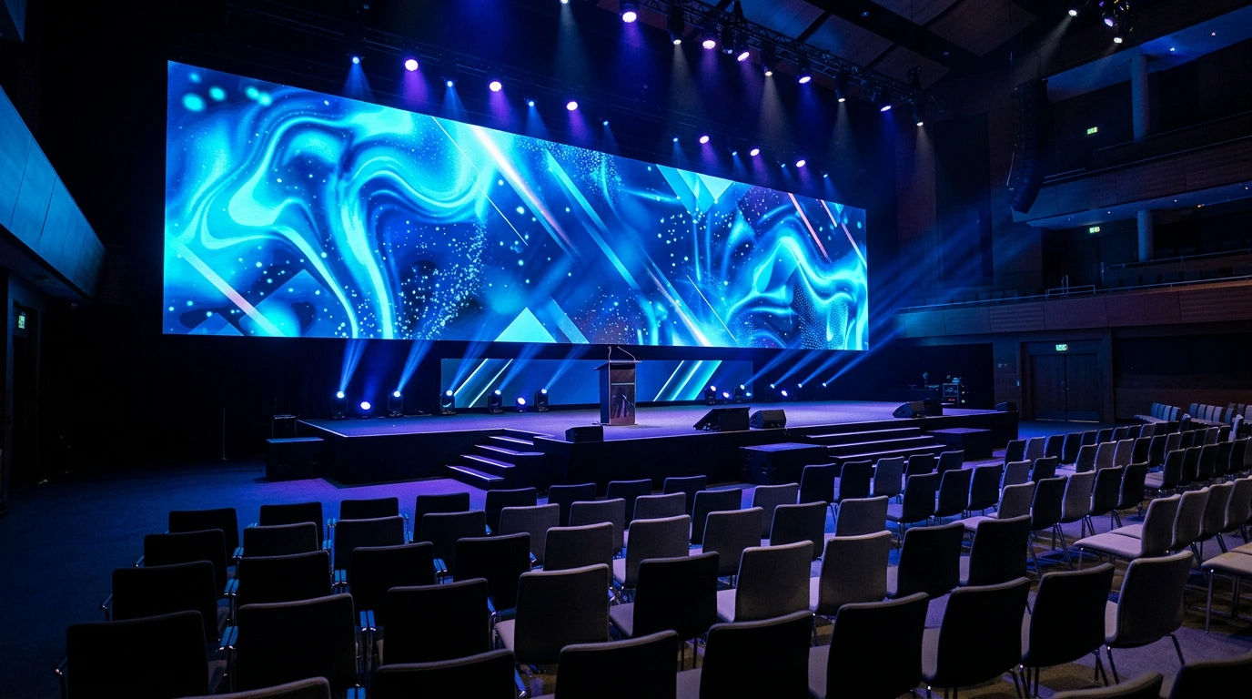 Konferenzbühne mit großem LED-Screen und professioneller Bühnenbeleuchtung