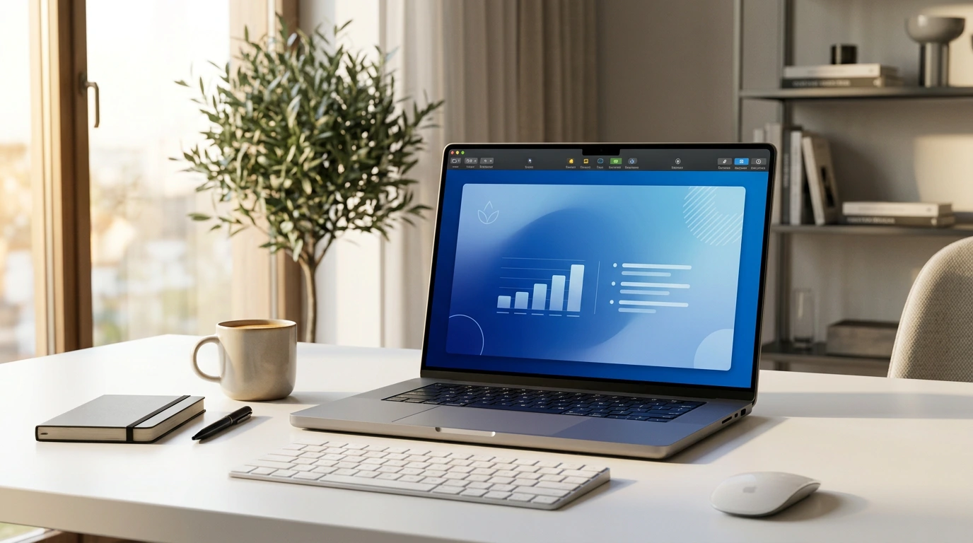 MacBook Pro zeigt elegante Apple Keynote Präsentation auf minimalistischem Schreibtisch