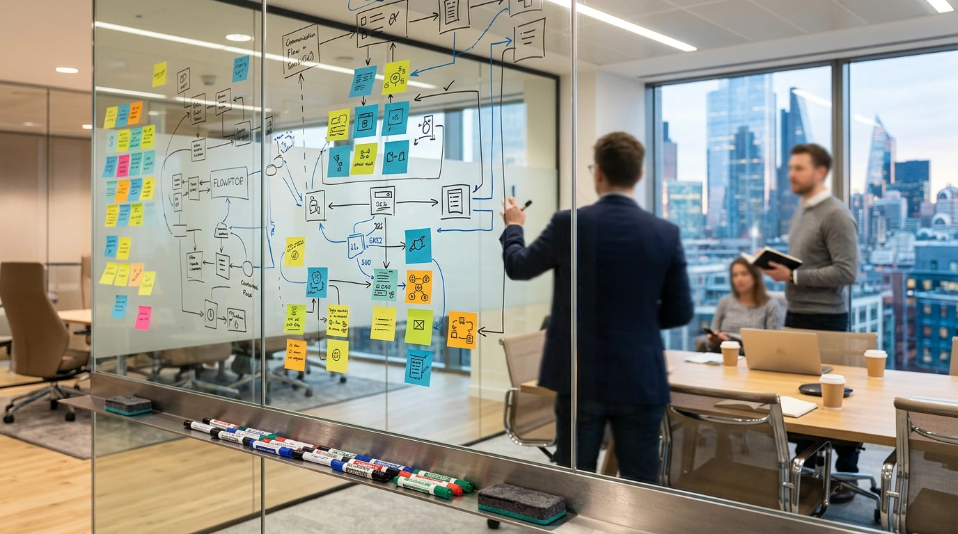 Glaswand mit Kommunikationsfluss-Diagrammen in einem modernen Meetingraum