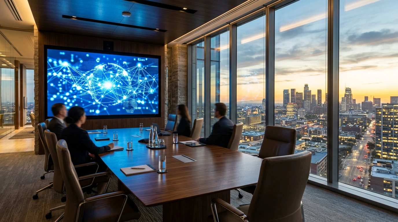 Eleganter Boardroom mit Präsentationsscreen und Stadtblick