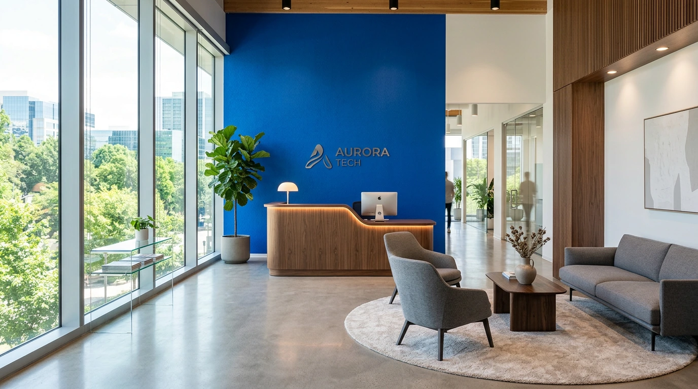 Einladender moderner Empfangsbereich mit blauer Akzentwand und natürlichem Licht