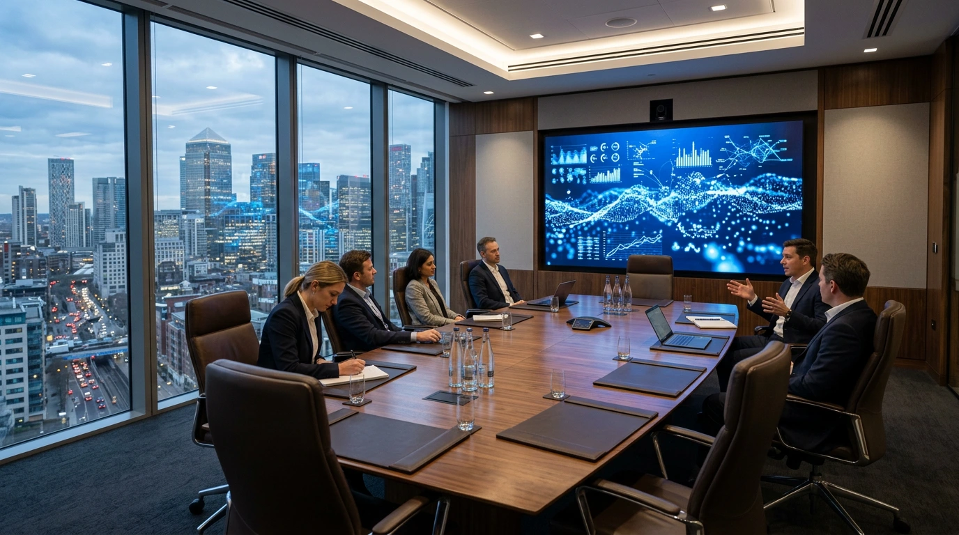 Venture capital boardroom with presentation screen and financial district view
