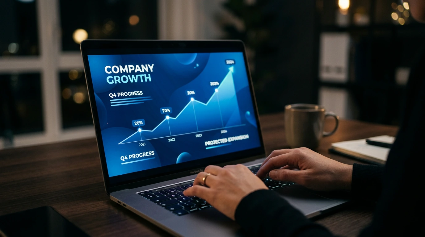 Laptop zeigt Pitch Deck mit Wachstumschart in dunklem Workspace