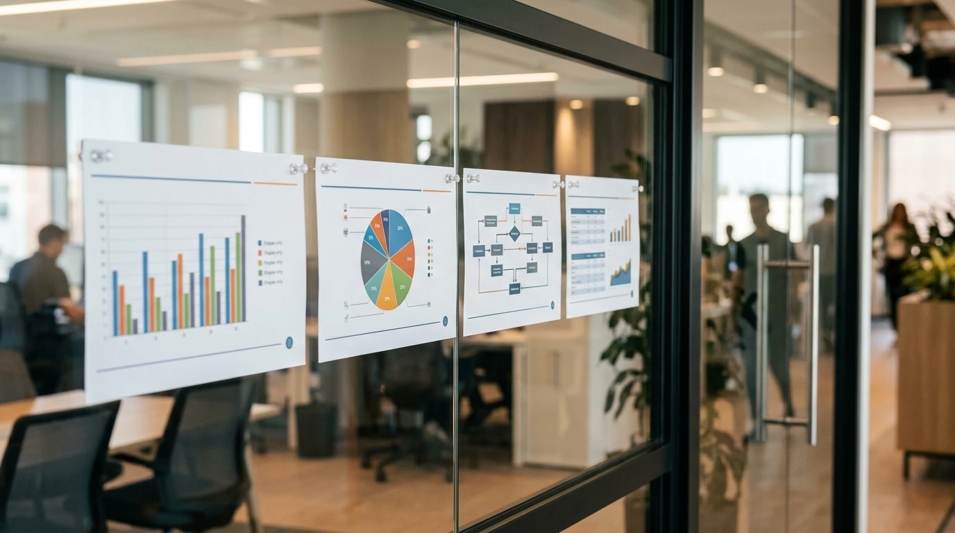 Präsentationsfolien an einer Glaswand in einem modernen Büro