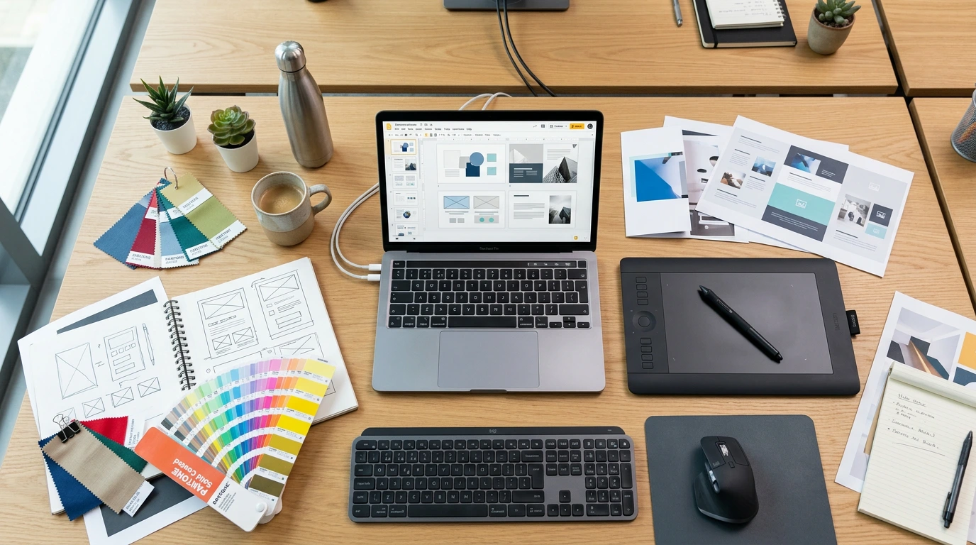 Designer-Arbeitsplatz mit Grafiktablet und PowerPoint-Layouts