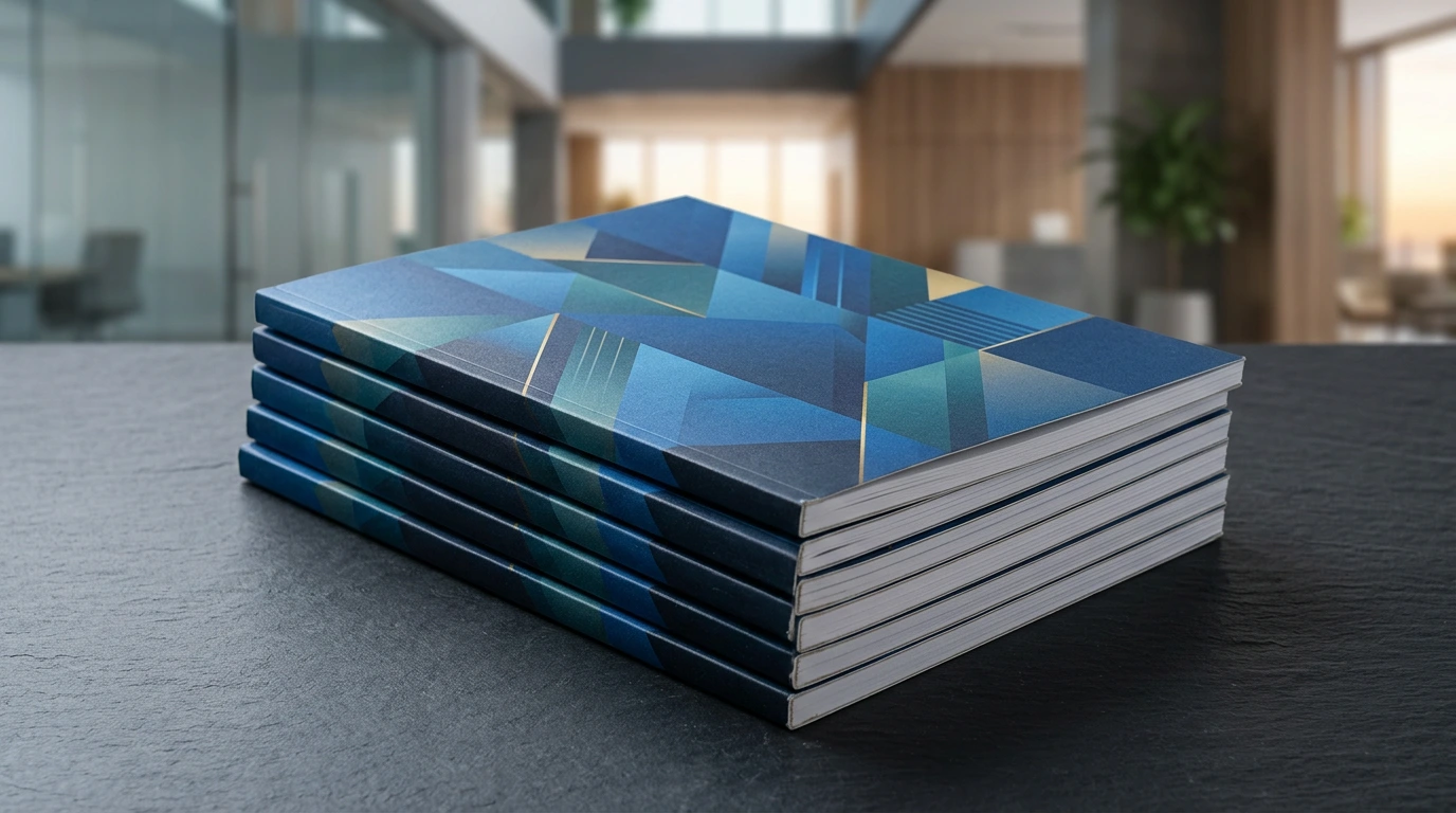 Stapel professionell gestalteter Präsentations-Booklets auf dunkler Oberfläche