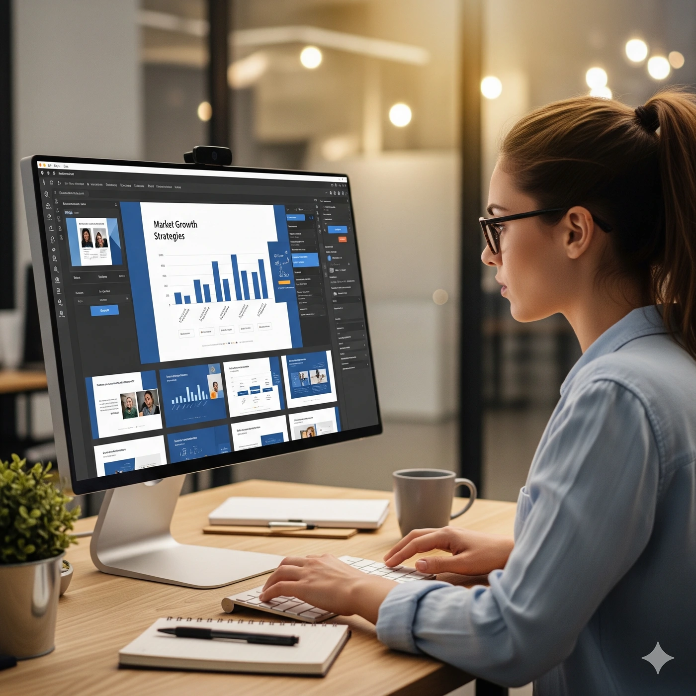 Laptop mit fertiger Präsentation und gedrucktes Foliendeck auf modernem Schreibtisch