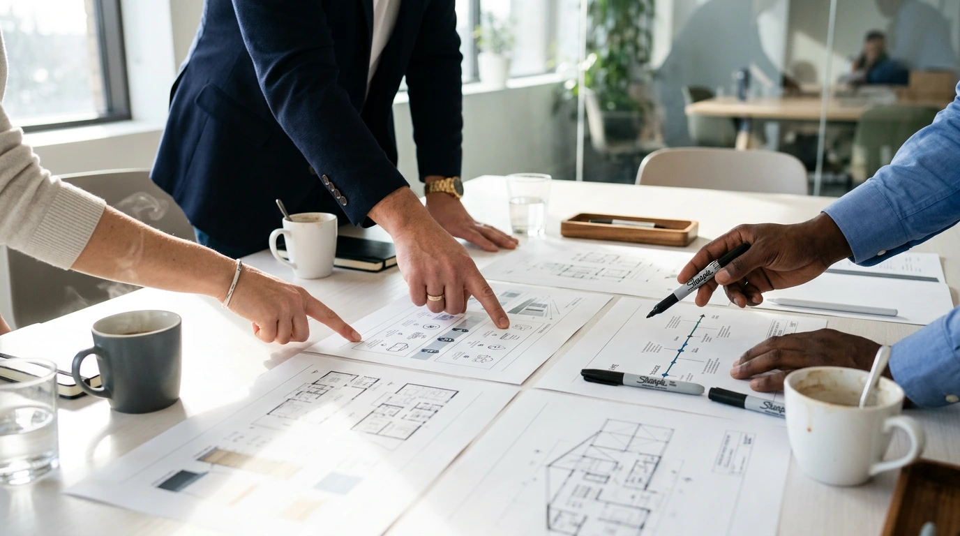 Team arbeitet gemeinsam an Präsentationslayouts