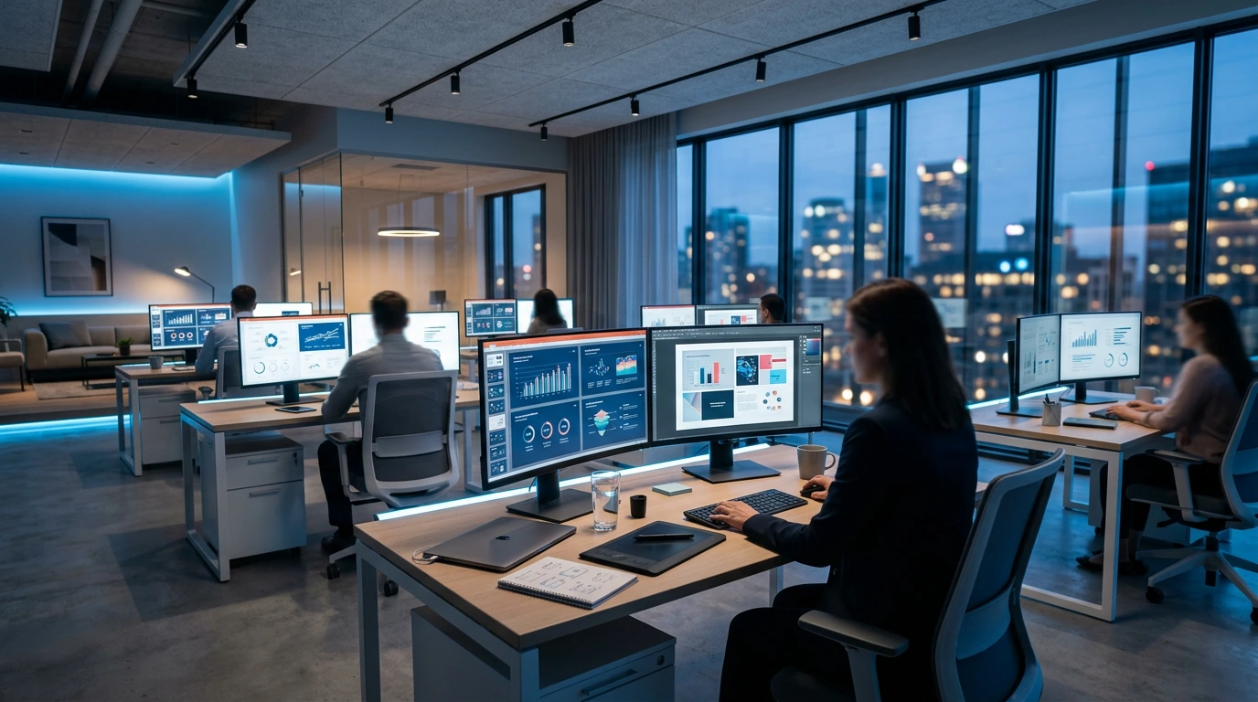 Modernes Agentur-Büro mit Präsentationsdesign auf großen Monitoren