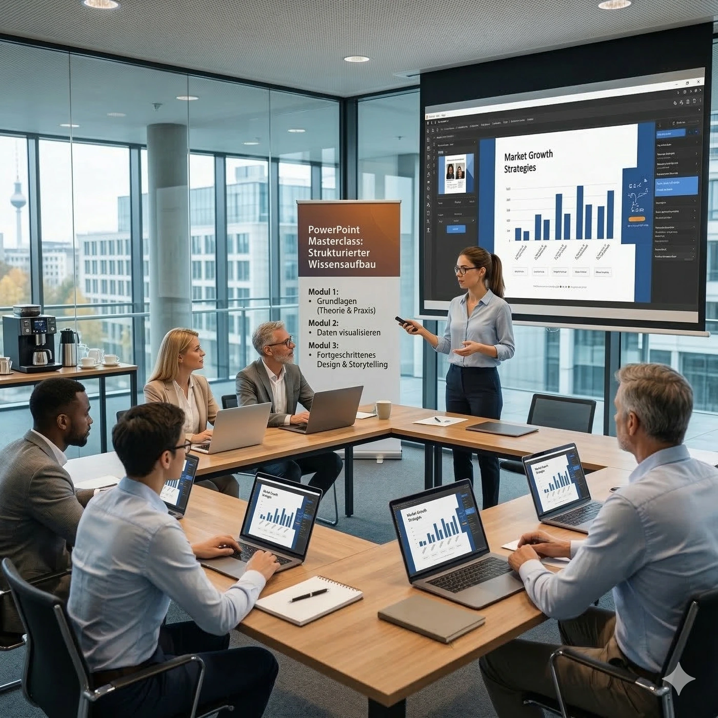 Coaching-Session in einem hellen Trainingsraum mit Flipchart und Publikum