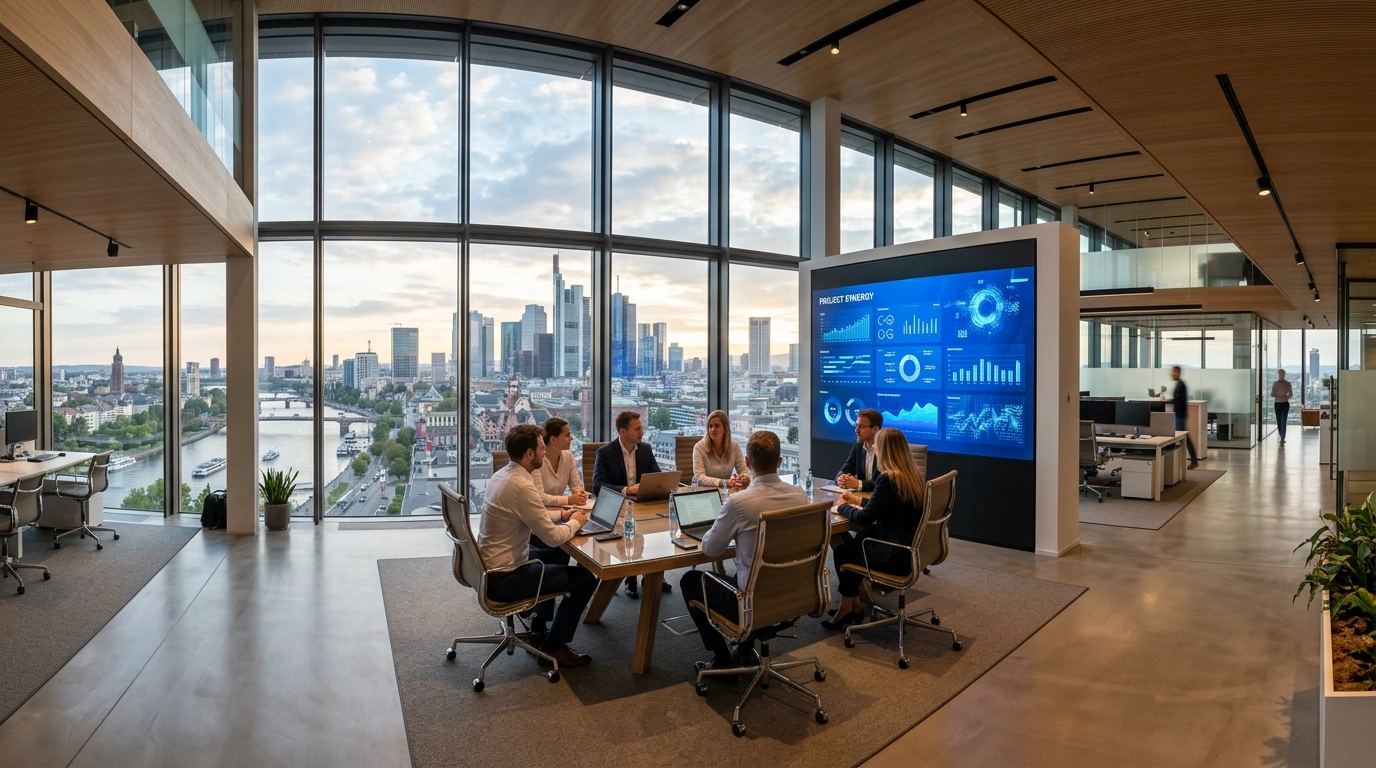 Modern German corporate office with presentation screen and European cityscape view