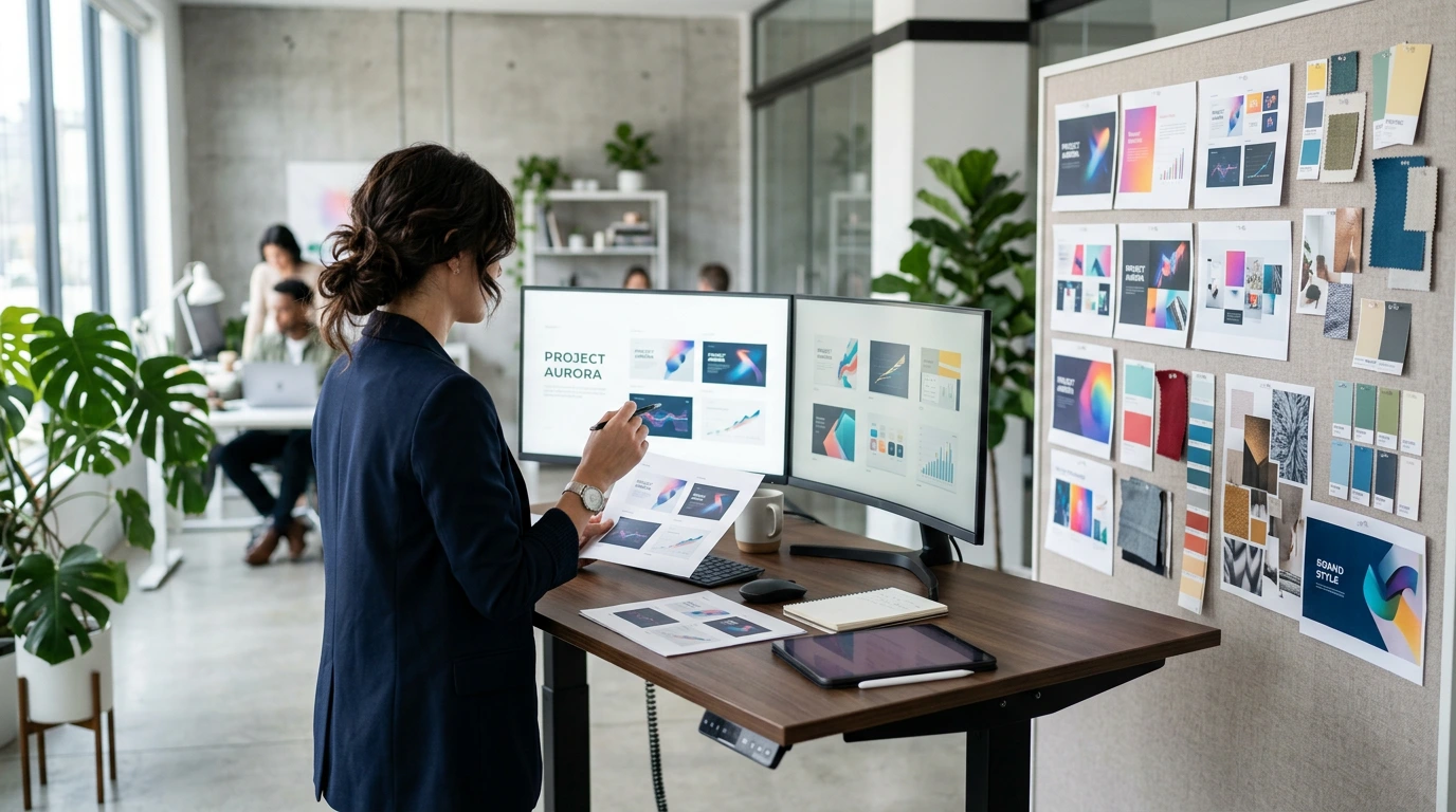 Creative director reviewing presentation proofs at a modern standing desk