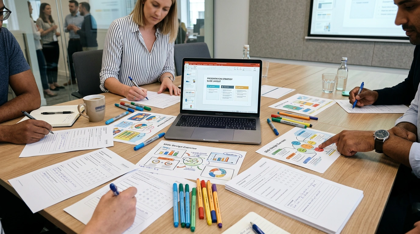 Workshop materials with slide design exercises and feedback forms on a table