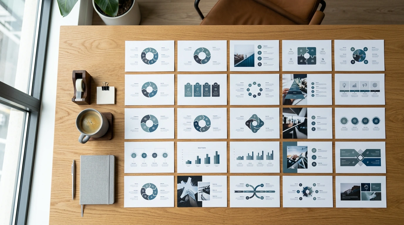 Präsentationsfolien als Storyboard auf einem Schreibtisch ausgelegt