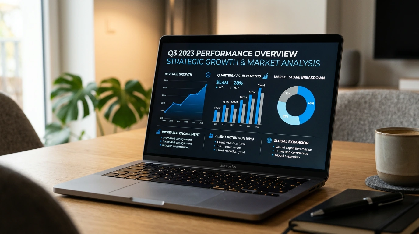 Bildschirm zeigt professionell gestaltete Präsentationsfolie mit moderner Datenvisualisierung