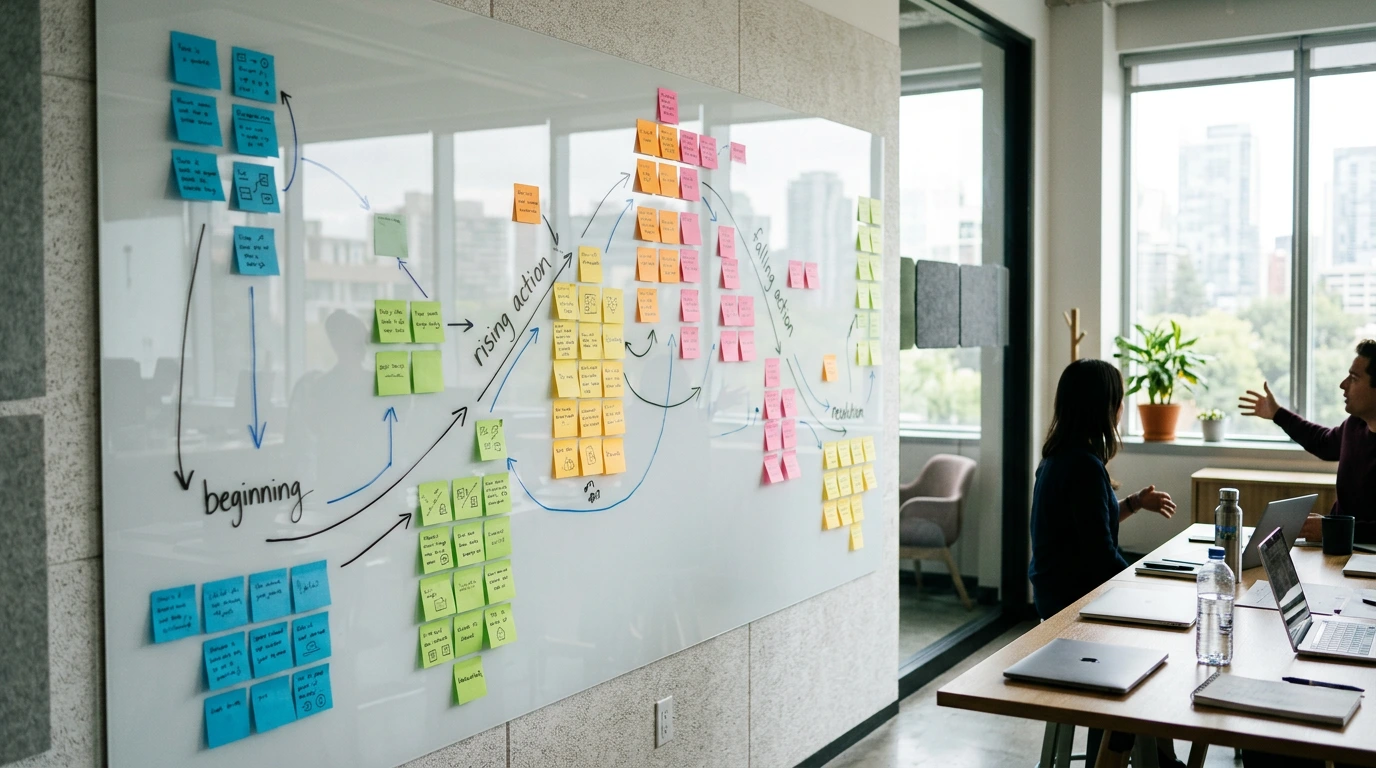 Whiteboard mit Post-it-Notes und Story-Arc in einem kreativen Workspace