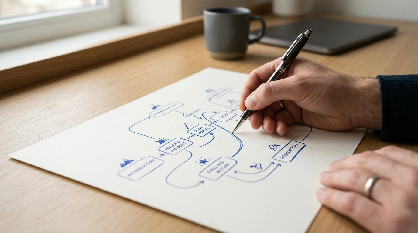 Hand zeichnet ein Erzählfluss-Diagramm mit blauer Tinte auf Papier
