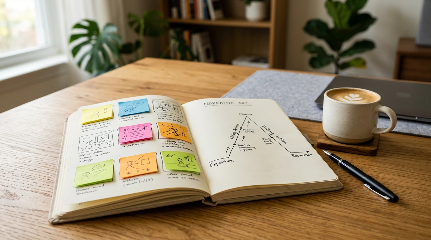 Storyboard-Notizbuch mit Sticky Notes und Erzählstruktur auf Holzschreibtisch