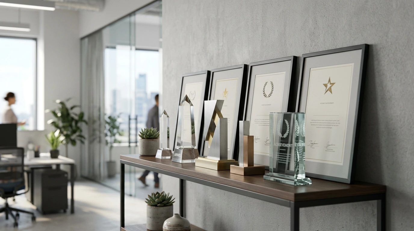 Award-Trophäen und Zertifikate auf einem Regal in einem modernen Büro