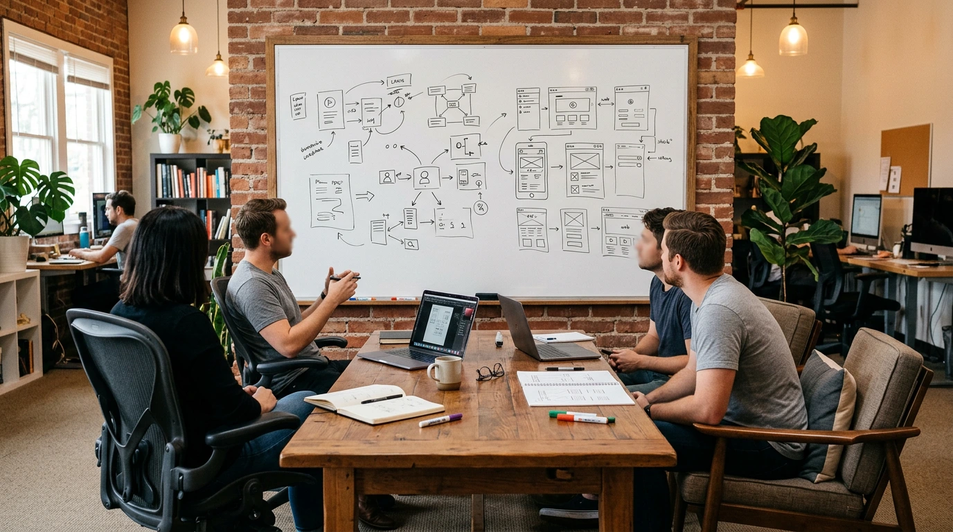 Gemütliche Agentur-Meeting-Ecke mit Whiteboard und Konzeptskizzen