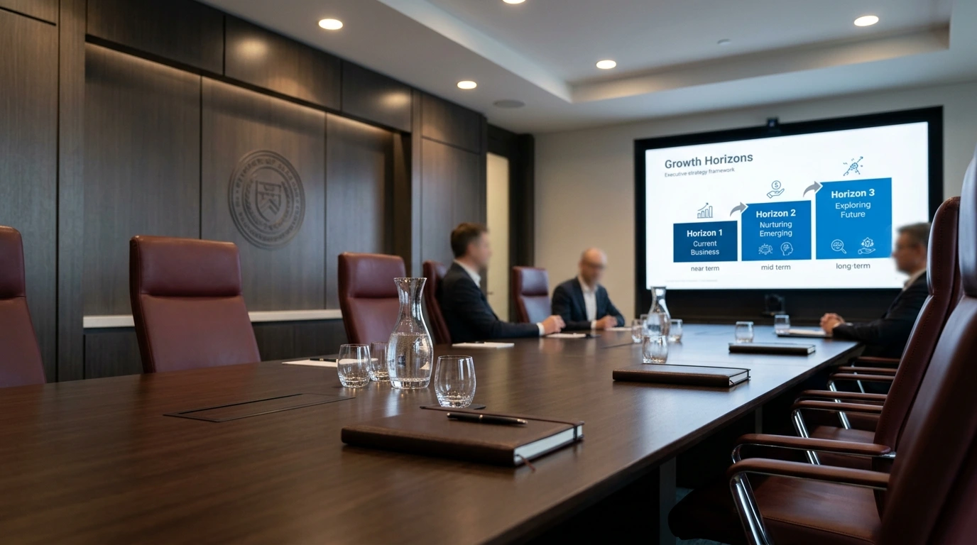 Exklusiver Vorstandsraum mit professioneller CEO-Präsentation auf dem Bildschirm