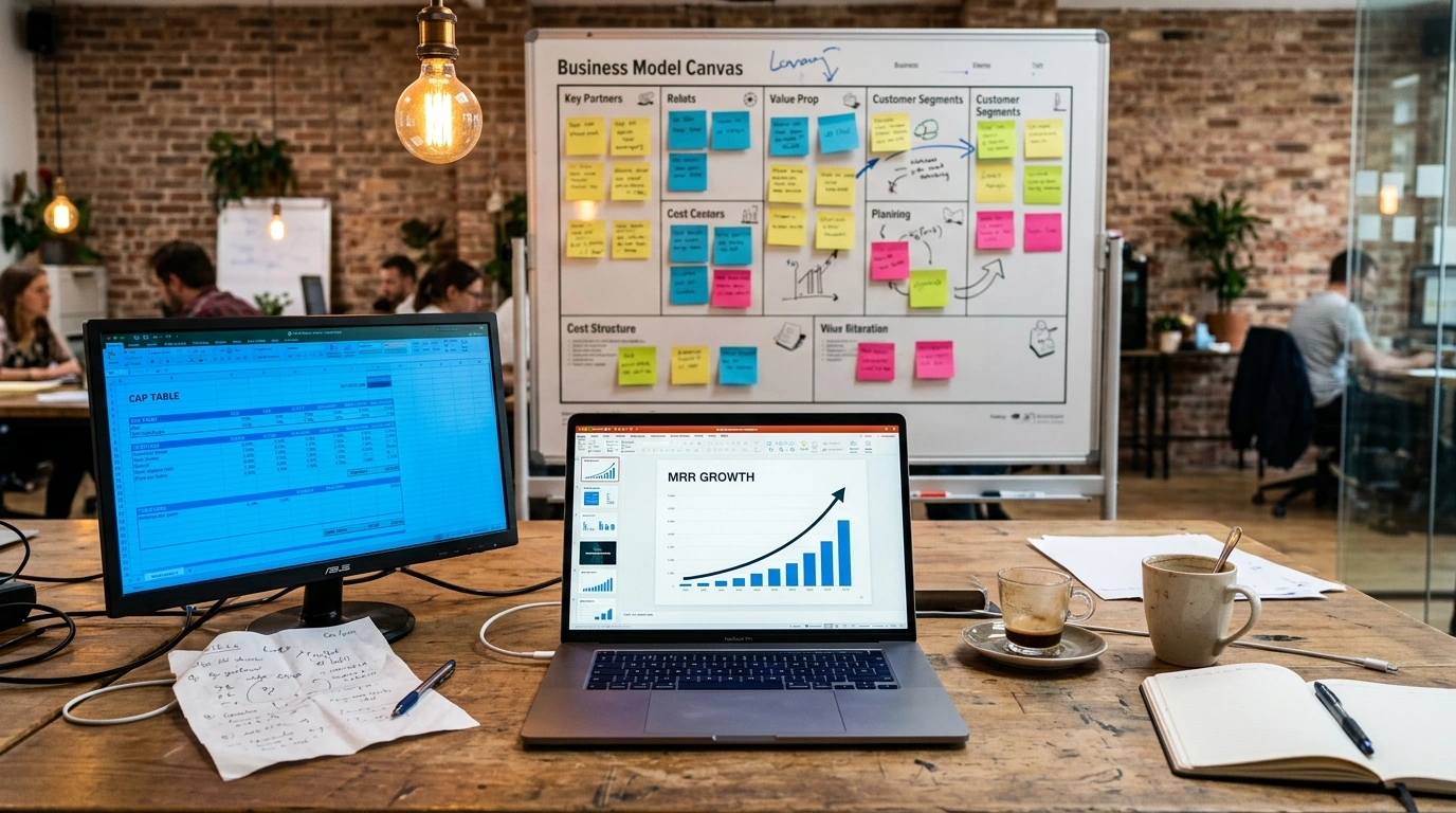 Startup Pitch Deck auf einem Laptop in einem modernen Co-Working Space